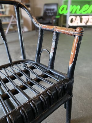 Vintage Black-Painted Rattan Bench-JO-1705587