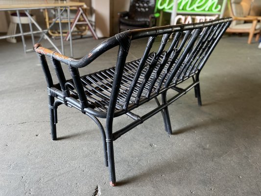 Vintage Black-Painted Rattan Bench-JO-1705587