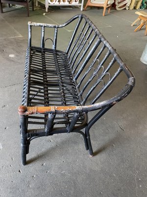 Vintage Black-Painted Rattan Bench-JO-1705587