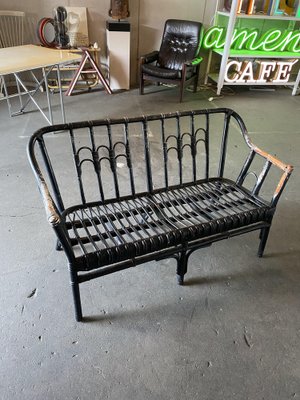 Vintage Black-Painted Rattan Bench-JO-1705587