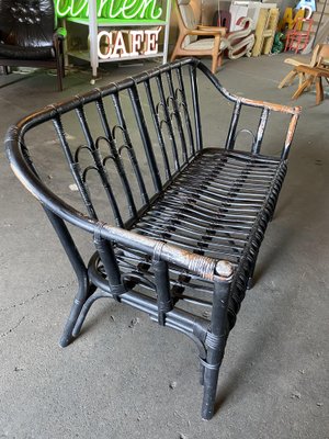 Vintage Black-Painted Rattan Bench-JO-1705587