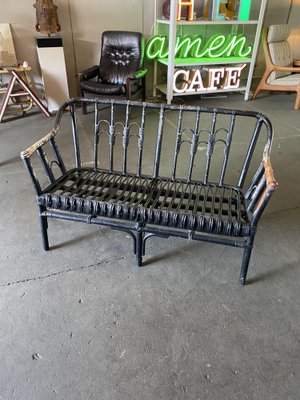 Vintage Black-Painted Rattan Bench-JO-1705587