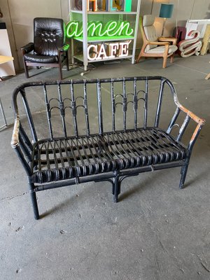 Vintage Black-Painted Rattan Bench-JO-1705587