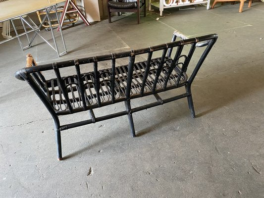 Vintage Black-Painted Rattan Bench-JO-1705587