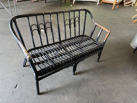 Vintage Black-Painted Rattan Bench-JO-1705587