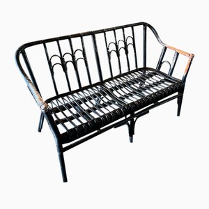 Vintage Black-Painted Rattan Bench-JO-1705587