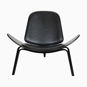 Vintage Black Shell Chair in Black Leather by Hans Wegner, 2000s-MTD-1746785