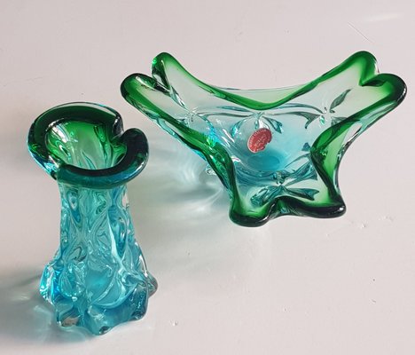 Vintage Blue and Green Murano Glass Vase and Bowl, 1960s, Set of 2-QDP-604105