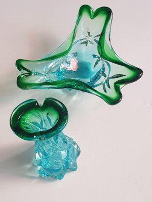 Vintage Blue and Green Murano Glass Vase and Bowl, 1960s, Set of 2-QDP-604105