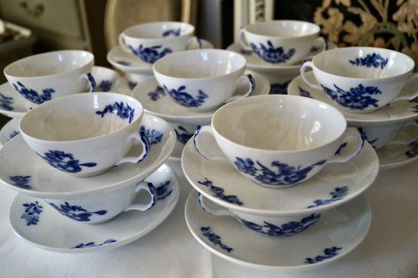 Vintage Blue Flowers Soup Bouillon Cup and Saucers from Royal Copenhagen, 1985, Set of 14-DVX-2033915