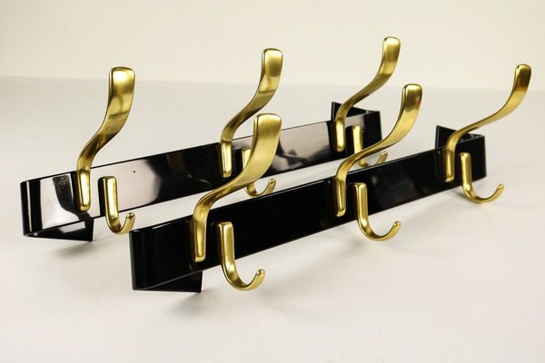 Vintage Brass and Black Wall Coat Racks, 1950s, Set of 2-FUP-711659