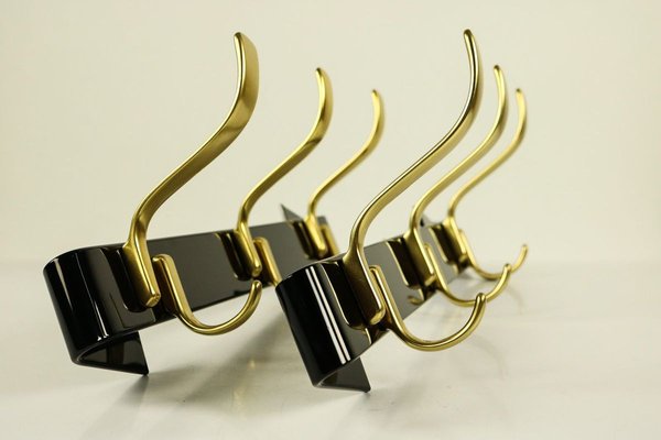 Vintage Brass and Black Wall Coat Racks, 1950s, Set of 2-FUP-711659