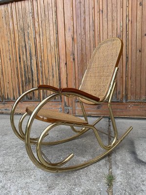 Vintage Brass and Cane Rocking Chair, 1950s-OXJ-1370941