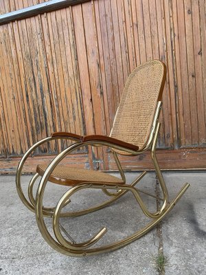 Vintage Brass and Cane Rocking Chair, 1950s-OXJ-1370941