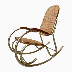 Vintage Brass and Cane Rocking Chair, 1950s-OXJ-1370941