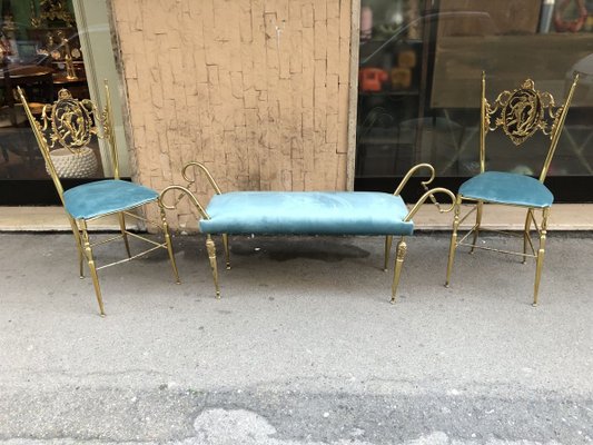 Vintage Brass Chiavari Chairs & Ottoman, 1950s, Set of 3-OLY-858039