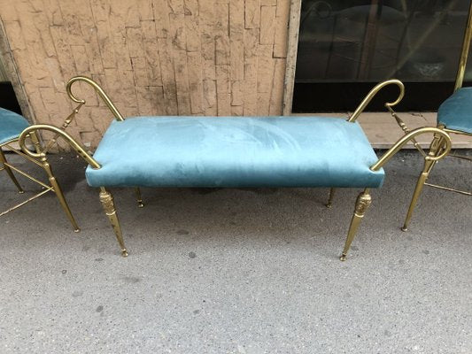 Vintage Brass Chiavari Chairs & Ottoman, 1950s, Set of 3-OLY-858039