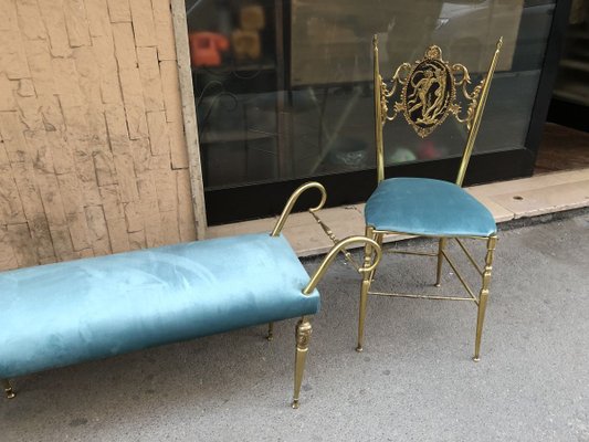 Vintage Brass Chiavari Chairs & Ottoman, 1950s, Set of 3-OLY-858039