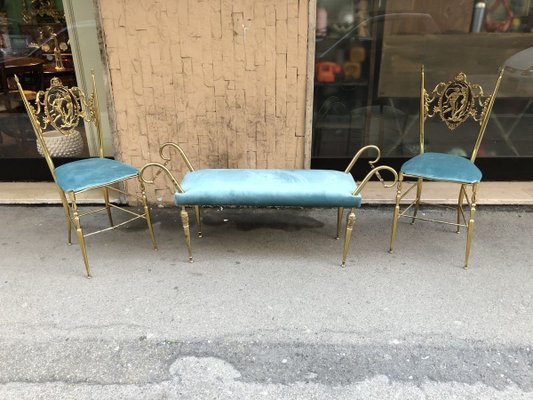 Vintage Brass Chiavari Chairs & Ottoman, 1950s, Set of 3-OLY-858039