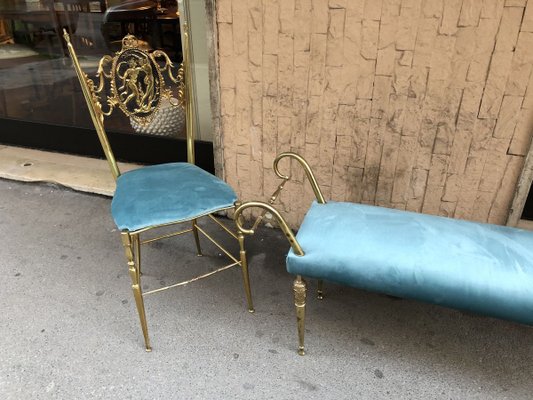 Vintage Brass Chiavari Chairs & Ottoman, 1950s, Set of 3-OLY-858039