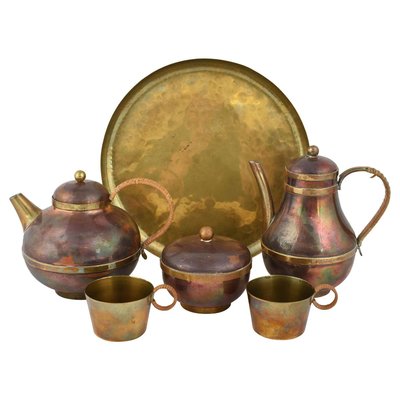 Vintage Brass & Copper Centrepiece and Tea Set by Harald Buchrucker, 1950s, Set of 6-ZCI-752132