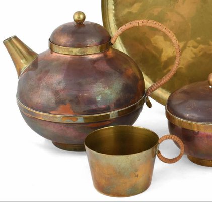 Vintage Brass & Copper Centrepiece and Tea Set by Harald Buchrucker, 1950s, Set of 6-ZCI-752132