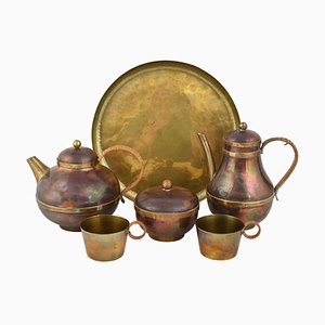 Vintage Brass & Copper Centrepiece and Tea Set by Harald Buchrucker, 1950s, Set of 6-ZCI-752132