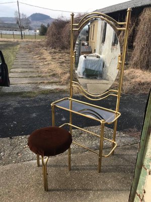 Vintage Brass Dressing Table & Stool, 1950s, Set of 2-OXJ-869229