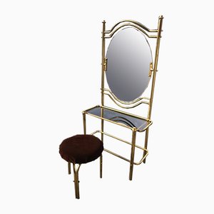 Vintage Brass Dressing Table & Stool, 1950s, Set of 2-OXJ-869229