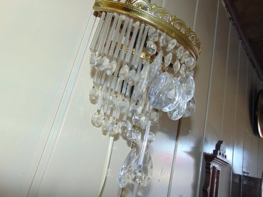 Vintage Brass, Glass, and Crystal Sconce, 1970s-CAQ-572159