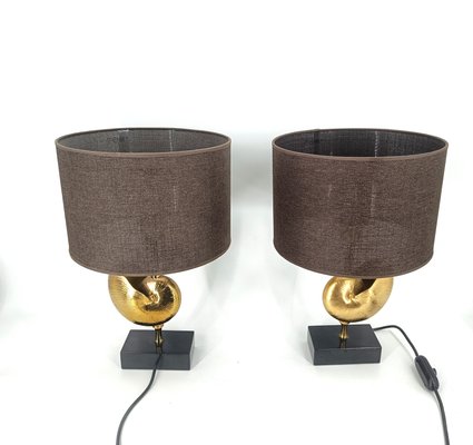 Vintage Brass Nautilus Shell Table Lamps, 1970s, Set of 2-IRH-2041895