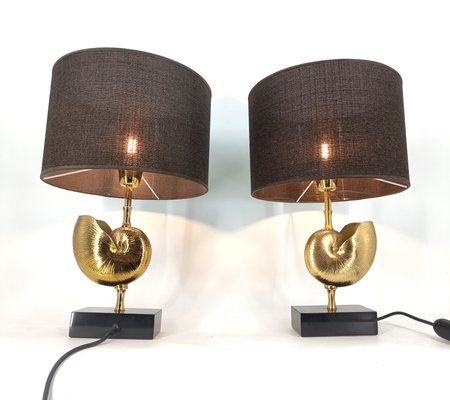 Vintage Brass Nautilus Shell Table Lamps, 1970s, Set of 2-IRH-2041895