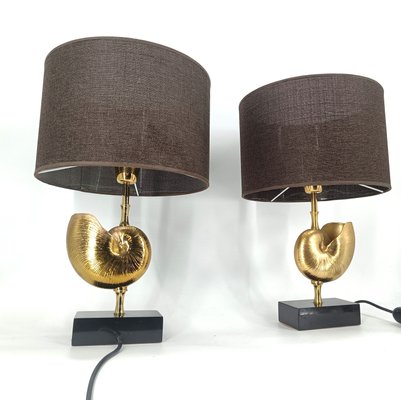 Vintage Brass Nautilus Shell Table Lamps, 1970s, Set of 2-IRH-2041895