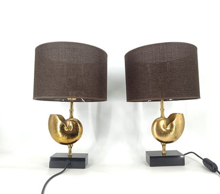 Vintage Brass Nautilus Shell Table Lamps, 1970s, Set of 2-IRH-2041895