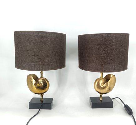 Vintage Brass Nautilus Shell Table Lamps, 1970s, Set of 2-IRH-2041895