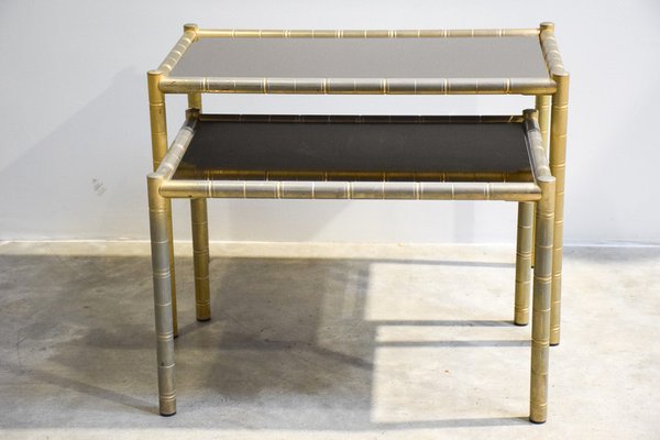 Vintage Brass-Plated Coffee Tables in Bamboo, 1970s, Set of 2-LA-1357402