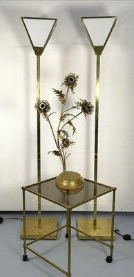 Vintage Brass Side Table On Wheels With Smoked Glass Top-UWE-772518