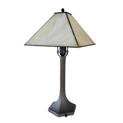 Vintage Bronze Structure and Foux Nacar Shade on Glass Table Lamp, 1980s-TCS-1397457