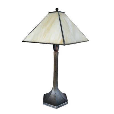 Vintage Bronze Structure and Foux Nacar Shade on Glass Table Lamp, 1980s-TCS-1397457