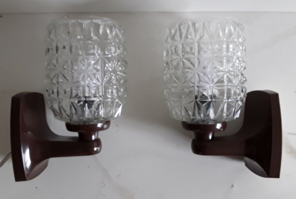 Vintage Brown Plastic and Clear Glass Sconces, 1970s, Set of 2-HOI-716044