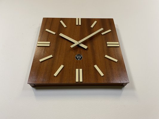 Vintage Brown Wooden Wall Clock from Pragotron, 1980s-CGF-1373107