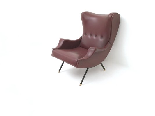 Vintage Burgundy Skai, Brass and Metal Lounge Chair, Italy, 1950s-JPQ-2032425