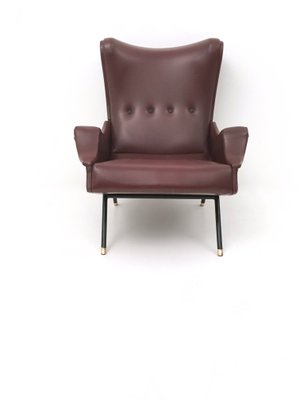 Vintage Burgundy Skai, Brass and Metal Lounge Chair, Italy, 1950s-JPQ-2032425