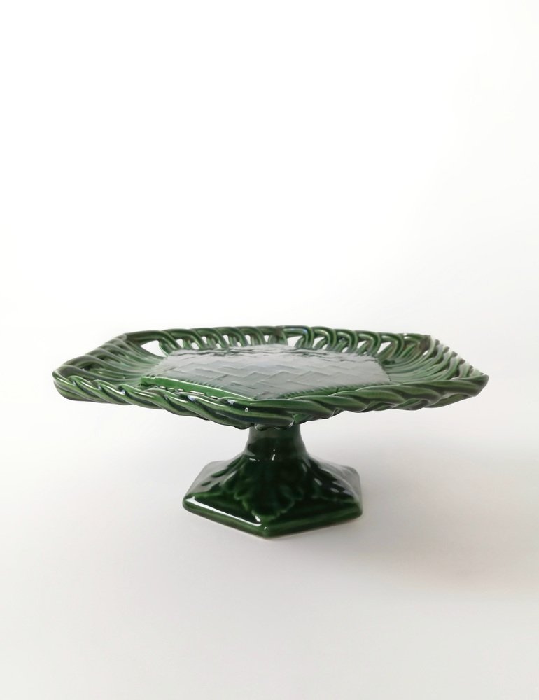 Vintage Cake Stand in Glazed Ceramic with Woven Green Trivet, 1940s