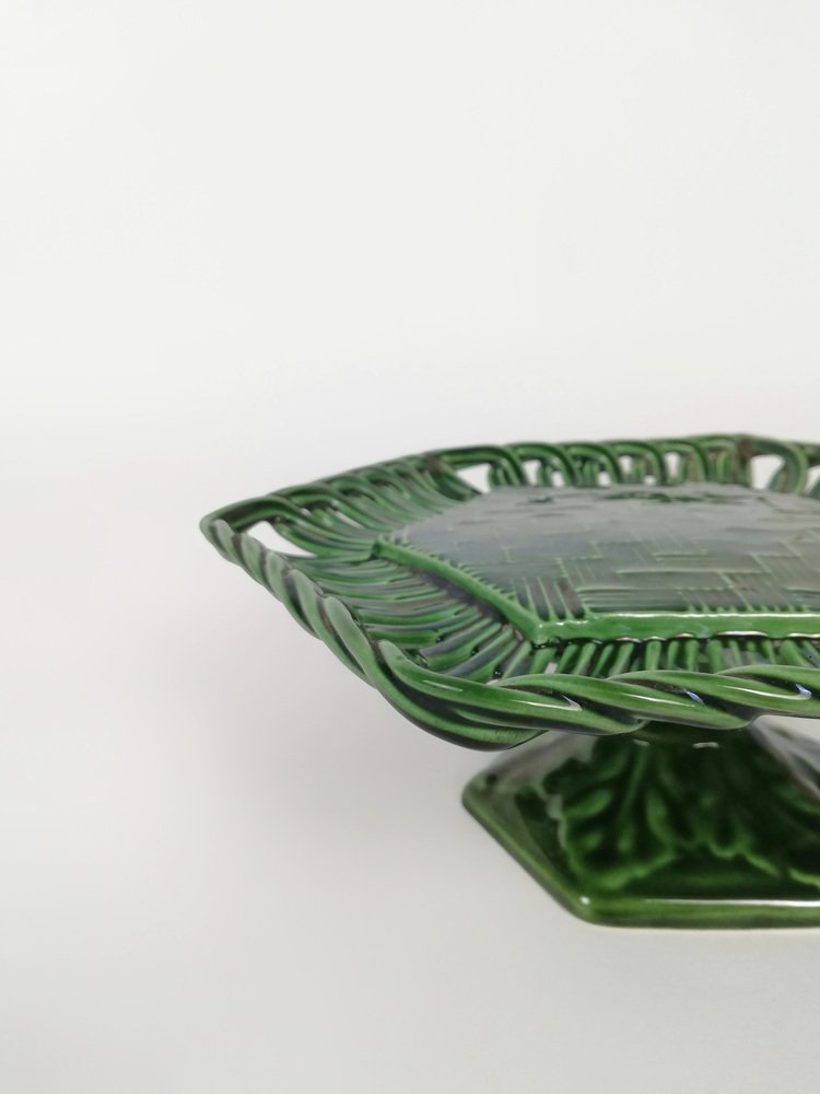 Vintage Cake Stand in Glazed Ceramic with Woven Green Trivet, 1940s