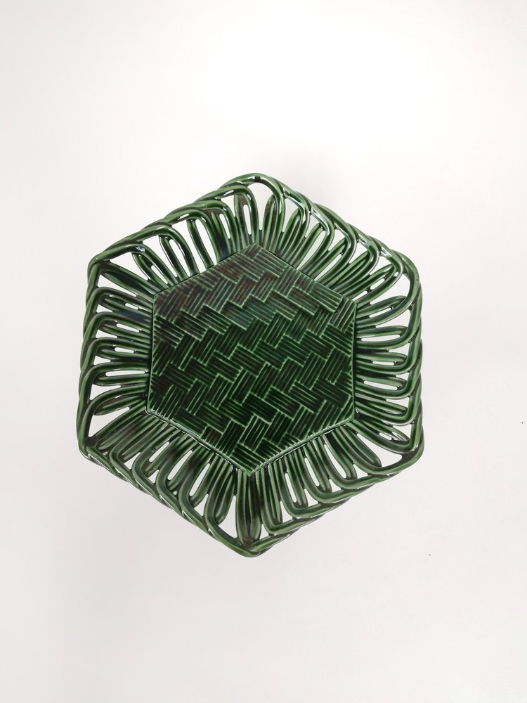 Vintage Cake Stand in Glazed Ceramic with Woven Green Trivet, 1940s