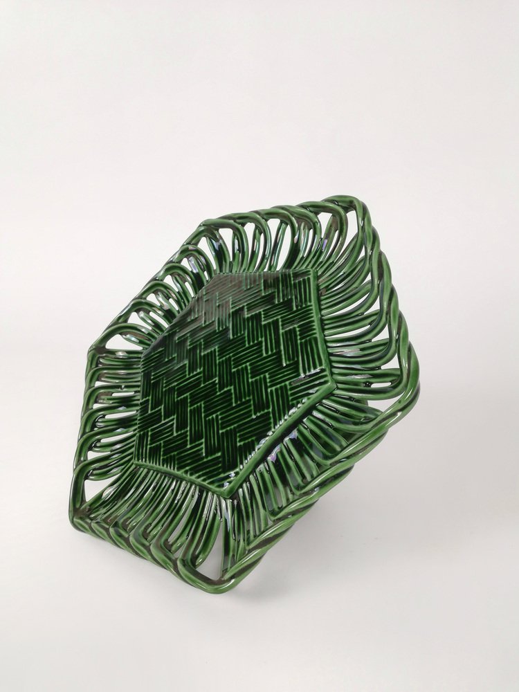 Vintage Cake Stand in Glazed Ceramic with Woven Green Trivet, 1940s