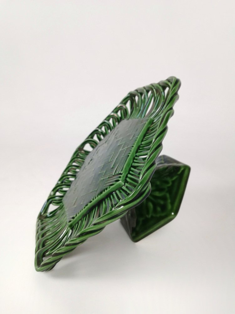 Vintage Cake Stand in Glazed Ceramic with Woven Green Trivet, 1940s