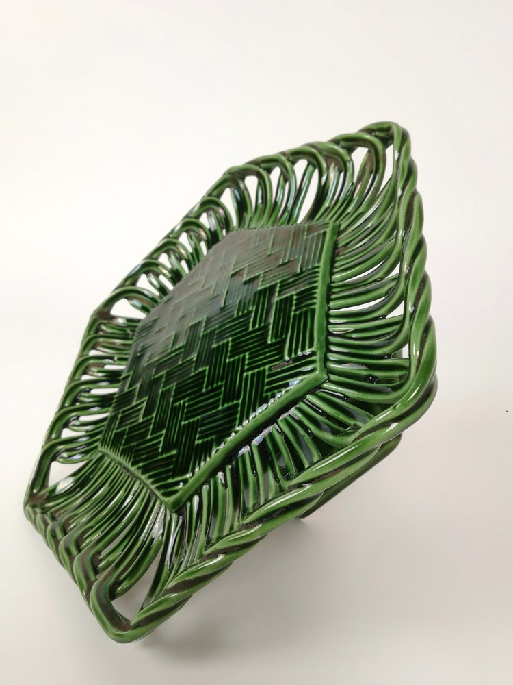 Vintage Cake Stand in Glazed Ceramic with Woven Green Trivet, 1940s