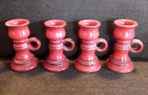 Vintage Candlestick Night Lights in Red Glazed Ceramic, 1970s, Set of 4-HOI-1336318